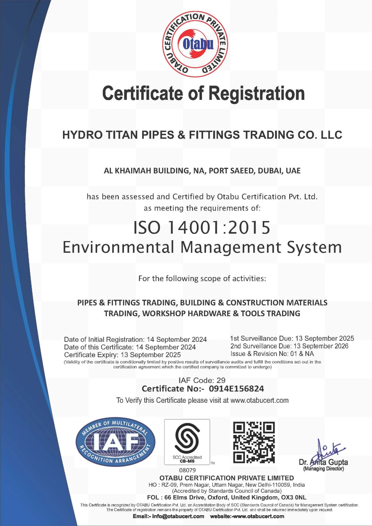 ISO 14001:2015 certificate
