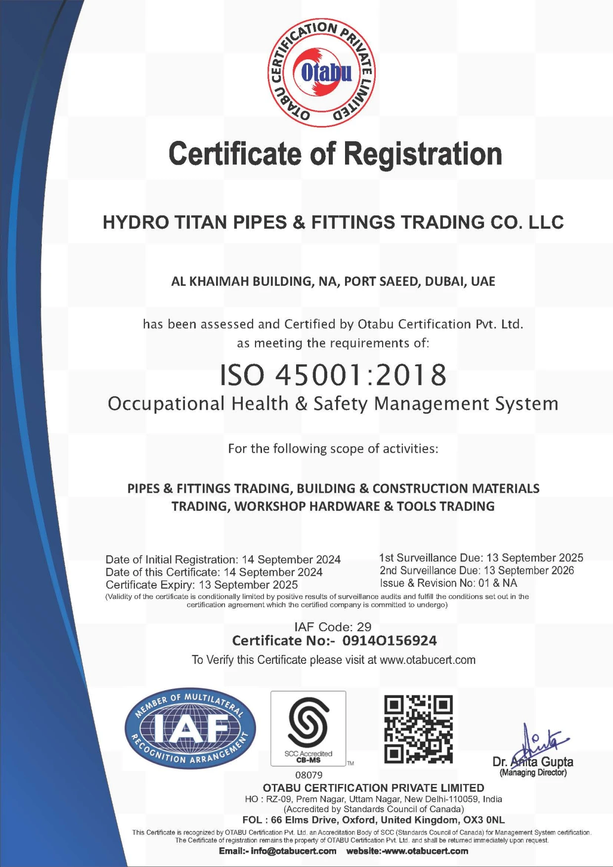 ISO 45001:2018 certificate